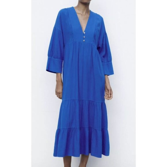 ✨ Zara Linen Blend Tiered Dress Cobalt Blue Summer Relaxed - Picture 1 of 11